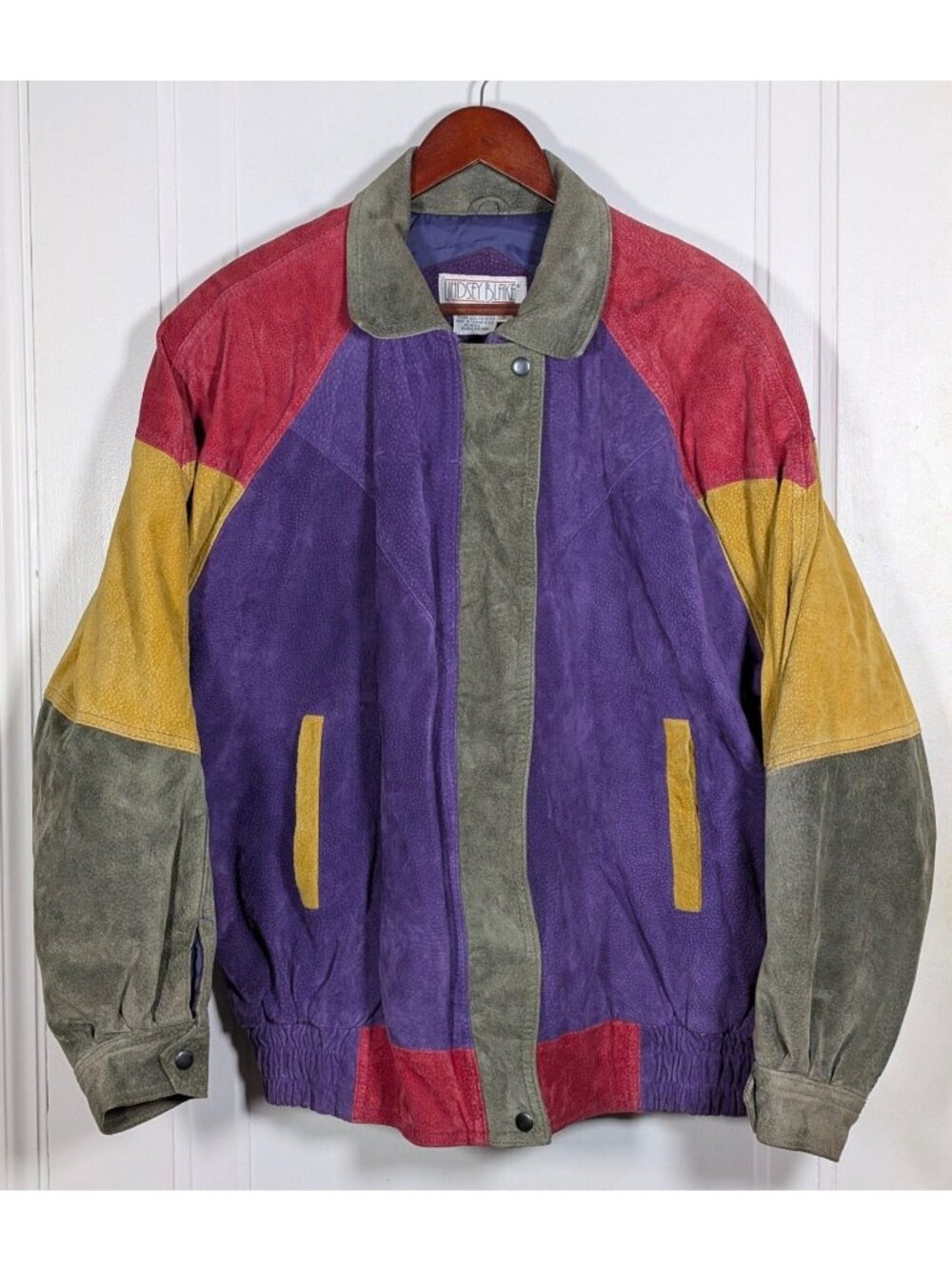 Vintage 80s 90s Colorful Suede Leather Jacket Color Block Lindsey Blake Bomber